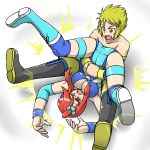  1boy 1girl ass big_breasts blonde_hair blush boots breasts cleavage defeated denji_(pokemon) empty_eyes fuuro_(pokemon) gym_leader large_breasts nintendo pain pokemon red_hair spread_legs sweat tears thighs uujiteki-33 wrestling wrestling_outfit 