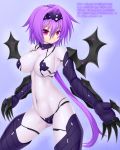  1girl asamura_hiori belly blue_background bodysuit breasts claws hair highres long_hair midriff navel original purple_hair red_eyes simple_background skin_tight solo text translation_request wings 