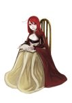  1girl 716 book breasts chair cleavage full_body horns maou_(maoyuu) maoyuu_maou_yuusha open_book pale_skin red_eyes red_hair sitting smile solo white_background 