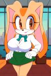  aged_up ai_generated anthro big_breasts bowtie breasts brown_eyes collared_shirt cream_fur cream_the_rabbit eyelashes female female_focus fully_clothed furry furry_female gloves green_bow_tie green_skirt hands_on_hips lipstick looking_at_viewer miniskirt sega skirt smile smiling solo sonic_(series) sonic_the_hedgehog_(series) unbuttoned upper_body white_collared_shirt white_gloves window 