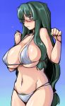 1girl big_breasts bikini blue_eyes blush breasts cleavage clenched_hand clenched_hands glasses gradient gradient_background green_hair hair_tie hands_up huge_breasts large_breasts long_hair original original_character plump pubic_hair rozenweapon semi-rimless_glasses simple_background solo swimsuit tsuda_nanafushi white_bikini white_swimsuit