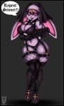  1girl 2019 5_fingers anthro armwear bedroom_eyes black_lipstick blonde_hair bra breasts cleavage clothed clothing dialogue digital_media_(artwork) dominatrix elbow_gloves english_text fishnet fur furry garter_straps gloves glowing glowing_eyes grey_fur grin hair half-closed_eyes high_res holding_object lagomorph legwear leporid lingerie lipstick looking_at_viewer makeup mammal navel nun paddle purple_eyes rabbit religion sacrilegious seductive slit_pupils smile standing stockings text thick_thighs underwear zombieray10 
