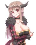  &gt;:) 1girl argyle big_breasts breasts brown_hair choker cleavage emappo fur_trim horns large_breasts long_hair long_sleeves maou_(maoyuu) maoyuu_maou_yuusha nervous red_eyes solo sweatdrop white_background 