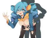 1boy 1girl ace_trainer ace_trainer_(pokemon) bent_over blue_eyes blue_hair blush breasts clothed_sex drill_hair drooling npc npc_trainer pantyhose pokemon pokemon_(game) pokemon_bw saliva sex shirt_lift silhouette tears torn_clothes vaginal