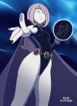  1girl 2020 alternate_costume cape cosplay dc dc_comics impossible_clothes leotard little_witch_academia long_hair looking_at_viewer purple_hair raven_(cosplay) raven_(dc) revealing_clothes rx120 sucy_manbavaran 