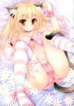   1girl animal_ears bed blonde_hair bra cameltoe cat_ears cat_tail high_res lingerie ninoko panty_pull tail stockings  