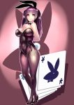  1girl animal_ears big_breasts black_legwear breasts bunny_ears bunny_girl bunny_tail bunnysuit card cleavage clothed_navel detached_collar dodai_shouji high_heels high_res long_hair looking_at_viewer original pantyhose playboy_logo playing_card purple_eyes purple_hair shoes smile solo tail twin_tails 