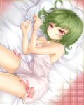  1girl bare_shoulders bed_sheet breasts camisole chemise cleavage female flower frown green_hair high_res highres kazami_yuuka lying on_side pillow red_eyes ribbon shironeko_yuuki short_hair solo strap_slip touhou 