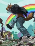  belt blue_eyes crush fox fully_clothed furry giant jacket jeans macro male my_little_pony no_sex rainbow rainbow_pattern solo stomp stomping tail 