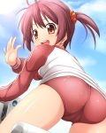  1girl ass brown_eyes brown_hair buruma from_below highres hover_bike isshiki_akane jacket moped short_hair solo takacchi track_jacket twin_tails twintails vividred_operation waving 