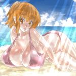  1girl beach bikini blush breasts dodai_shouji huge_breasts ocean orange_eyes orange_hair ponytail short_hair solo swimsuit wet 
