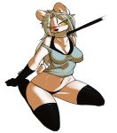  avante92 belly collar female fully_clothed furry hair leash midriff navel stockings white_hair yellow_eyes 