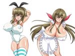 2girls arms_behind_head arms_up blush breasts brown_eyes brown_hair bunny_ears curvy dorachefu erect_nipples hair huge_breasts legwear mole multiple_girls nipple_bulge nipples open_mouth original original_character puffy_nipples shiny_skin smile thick_thighs thighs tongue tongue_out