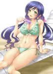  1girl ayato belly bikini blue_hair bow breasts card chair cleavage green_eyes hair highres large_breasts long_hair lounge_chair love_live!_school_idol_project navel purple_hair side-tie_bikini solo swimsuit toujou_nozomi twin_tails twintails 