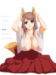  1girl animal_ears areola areola_slip areolae arms_up breasts brown_eyes brown_hair cleavage female fox_ears fox_tail huge_breasts long_hair maou_(maoyuu) maoyuu_maou_yuusha mnjs open_mouth tail 