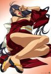  1girl ass bare_shoulders big_breasts black_hair blush breasts cleavage feet hair_over_one_eye high_res ikkitousen ikkitousen_great_guardians japanese_clothes kan&#039;u_unchou kimono kuroishi_ringo legs long_hair lying open_mouth sandals solo tongue very_long_hair 