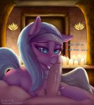 1boy 1girl aloe aloe_(mlp) blue_eyes candles cum cum_on_ear cum_on_face cum_on_hair earth_pony erection friendship_is_magic human indoors interspecies male/female male_human my_little_pony nude penis pony tail 