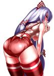  1girl ass bad_anatomy bad_id bare_shoulders bent_over bow female finger_to_mouth from_behind fujiwara_no_mokou hair_bow high_res highres long_hair looking_back norennukarumi nukarumi_noren red_eyes shorts silver_hair simple_background sleeveless solo stockings striped striped_legwear suspenders sweat thighhighs touhou very_long_hair white_background 