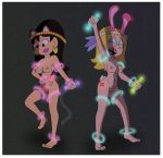  2_girls american_dad bead_necklace body_glitter bunny_ears bunny_tail cat_ears cat_tail dancing earrings feet francine_smith glow_rings glowring glowstick gwen_ling led_eyelashes lipstick public_sex pussy rave starry_background tattoo 