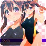  1girl brown_hair competition_swimsuit long_hair one-piece_swimsuit original ponytail purple_eyes swimsuit tashimu zoom_layer 
