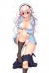  bikini_top breasts cleavage large_breasts nitroplus pink_hair red_eyes shiny shiny_skin skirt super_sonico thighs undressing 
