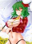  1girl areola areola_slip areolae between_breasts big_breasts breasts cleavage clothes_writing female flower green_hair hair_flower hair_ornament kazami_yuuka large_breasts long_hair nail_polish navel neck_tie necktie necktie_between_breasts nipple_slip nipples okitakung race_queen red_eyes short_hair smile solo sunflower touhou umbrella yellow_necktie 