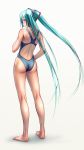  1girl aqua_eyes aqua_hair ass back barefoot blush colored_eyelashes competition_swimsuit feet from_behind hatsune_miku kneepits legs long_hair long_legs looking_at_viewer looking_back miku_hatsune one-piece_swimsuit open_mouth profile skindentation solo standing swimsuit toenail_polish twin_tails twintails very_long_hair vocaloid white_background wokada 