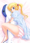  1girl barefoot bed bed_sheet blonde_hair blue_eyes blush chemise hair_bobbles hair_ornament hug hugging nightgown open_mouth original panties solo striped striped_panties stuffed_animal stuffed_toy tsubame_(minami_haruka) tsubame_(pixiv) twin_tails twintails underwear whale 