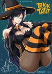  1girl alex_wizzard alternate_costume ass big_ass big_breasts breasts brunhild_(shuumatsu_no_valkyrie) cosplay female_only halloween impossible_clothes leotard revealing_clothes shuumatsu_no_valkyrie solo_female striped_legwear trick_or_treat witch&#039;s_garden witch_hat 