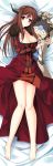 1girl barefoot bed_sheet body_pillow breasts brown_hair choker cleavage dakimakura dakimakura_(object) dress endori feet female_only full_body highres horns huge_breasts legs long_hair long_image looking_at_viewer lying maou_(maoyuu) maoyuu_maou_yuusha pillow red_dress red_eyes smile solo_female tall_image
