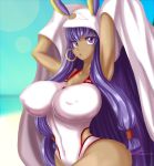  1girl animal_ears arms_up beach breasts bunny_ears covered_navel earrings fate/grand_order fate_(series) female female_only fenrox_(artist) huge_breasts long_hair looking_at_viewer nitocris_(fate/grand_order) outside parted_lips purple_eyes purple_hair thighs twin_tails undressing 