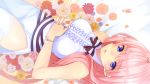  1girl blue_eyes bow bracelet dress flower flower_bed frills hands_clasped interlocked_fingers jewelry lace lace-trimmed_thighhighs long_hair looking_at_viewer lying megurine_luka pink_hair settyaro solo thighhighs vocaloid white_legwear 