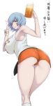1girl alternate_costume ao_madou-shi armpit ass bare_shoulders beer beer_mug big_ass big_breasts blue_hair breasts dat_ass hair_between_eyes heart high_res hooters huge_breasts looking_at_viewer neon_genesis_evangelion rear_view red_eyes rei_ayanami short_hair simple_background tank_top trefoil v waitress