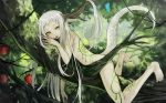  1girl :p apple bad_id barefoot branch bug butterfly cool cute dragon food forest fruit green_eyes harano highres horn long_hair looking_back monster_girl nature nude original reptile scalie solo tail tongue tongue_out tree white_hair 