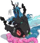 anal anal_penetration anus blue_hair changeling dildo equine female friendship_is_magic furry gaping gaping_anus gaping_pussy green_eyes hair highres horsecock lying mare_(horse) my_little_pony my_little_pony_friendship_is_magic nezumi nezunezu on_back penetration penis pussy pussy_juice queen_chrysalis sex_toy sharp_teeth solo teats translation_request vaginal vaginal_penetration 