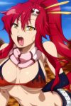  1girl barefoot belt big_breasts bikini_top breasts chopsticks elbow_gloves female female_only gloves hair_ornament hairu large_breasts long_hair naughty_face navel open_mouth ponytail red_hair scarf shorts skull solo striped striped_scarf studded_belt tengen_toppa_gurren_lagann tongue tongue_out underboob yellow_eyes yoko_littner 