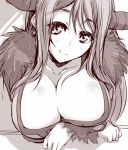  1girl big_breasts blush breast_hold breasts cleavage crossed_arms horns large_breasts leaning_forward long_hair looking_at_viewer maou_(maoyuu) maoyuu_maou_yuusha matsuno_canel monochrome sketch smile solo 