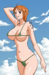  areola areola_slip areolae armpits arms_up bare_shoulders big_breasts bikini black_eyes breasts cloud erect_nipples large_breasts legs micro_bikini nami navel one_piece orange_hair pirate short_hair sky smile solo standing swimsuit tattoo x_bokkis 