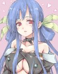  1girl arc_system_works bare_shoulders blue_hair blush bow breasts buckle center_opening choker cleavage detached_sleeves dizzy guilty_gear hair_bow hair_ribbon heart long_hair pink_background red_eyes ribbon solo underboob utakama 