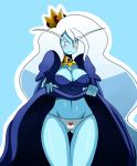  1girl adventure_time big_breasts blue_background blue_skin blush breasts cleavage crown curvy dress dress_lift eyebrows frown heart high_res ice_queen jewelry long_hair navel panties simple_background solo ss2_(artist) thigh_gap thighs underwear very_long_hair white_hair white_panties wide_hips 
