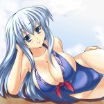  1girl adapted_costume big_breasts blue_hair breasts cleavage kamishirasawa_keine long_hair lying one-piece_swimsuit silver_eyes silver_hair smile solo swimsuit touhou 