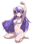  1girl armpits arms_up bare_legs bare_shoulders barefoot bikini blue_eyes bow breasts cleavage crescent crescent_hair_ornament female front-tie_top hair_bow hair_ornament iwatobi_hiro iwatobihiro long_hair looking_at_viewer navel no_hat no_headwear patchouli_knowledge payot pose posing purple_hair shiny shiny_skin sidelocks simple_background solo swimsuit touhou very_long_hair white_background 