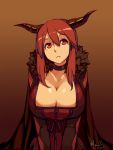  1girl big_breasts breasts cape choker cleavage cleavage_cutout dated dress fake_horns fur_trim gradient gradient_background horns junkpuyo large_breasts long_hair maou_(maoyuu) maoyuu_maou_yuusha red_eyes red_hair solo v_arms 
