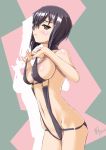  1girl adjusting_clothes adjusting_swimsuit bikini black_bikini black_hair black_swimsuit blush brown_eyes girls_und_panzer high_res highres kawashima_momo looking_at_viewer monocle nenchi short_hair sling_bikini solo standing swimsuit wet wet_clothes wet_hair 