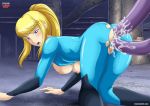   all_fours anal ass blue_eyes blush bodysuit breasts double_penetration metroid nipples open_mouth palcomix ponytail pussy samus_aran tentacles zero_suit  