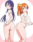  1girl 2_girls ass blue_eyes blue_hair blush bottomless bow breasts hair_bow hair_ornament high_resolution kousaka_honoka long_hair looking_at_viewer looking_back love_live!_(series) multiple_girls one_side_up orange_hair see-through small_breasts sonoda_umi striped striped_background very_high_resolution wewe 