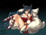  1girl ahri animal_ears blue_hair breasts censor_tail cleavage dated detached_sleeves fox_ears fox_tail junkpuyo league_of_legends legs_crossed long_hair low-tied_long_hair multiple_tails sitting smile socks solo tail very_long_hair whiskers yellow_eyes 