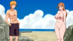 1boy 1girl after_sex alluring arms_behind_back athletic_male beach big_breasts black_eyes bleach blush breasts canon_couple caught caught_in_the_act clothed_male_nude_female cloud couple day embarrassed feet_out_of_frame fit_male groin high_res husband_and_wife inoue_orihime kurosaki_ichigo legs long_hair looking_at_viewer navel nipples nude ocean orange_hair outside pinkpawg pussy sand shorts sky standing thighs topless uncensored water