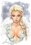 1girl blonde blonde_hair braid braided_hair breasts cleavage clothed elias_chatzoudis elsa elsa_(frozen) female female_only frozen_(movie) looking_at_viewer nipples no_bra royalty see-through_clothes single_braid solo