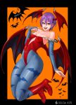  1girl bare_shoulders bat_print bat_wings bridal_gauntlets capcom demon_girl elbow_gloves flat_chest gloves head_wings leotard lilith_aensland pantyhose patterned_legwear print_legwear print_pantyhose purple_hair red_eyes red_shoes shoes short_hair small_breasts solid_air solo succubus vampire_(game) wings zonda_(solid_air) 